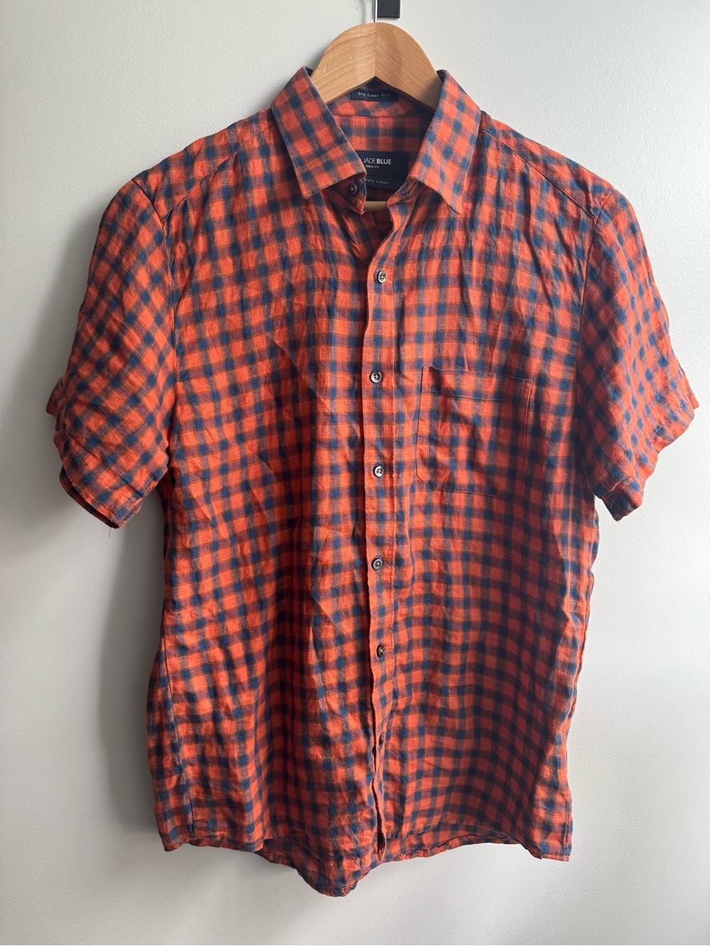 Linen Orange and Navy Short-Sleeve Check Shirt